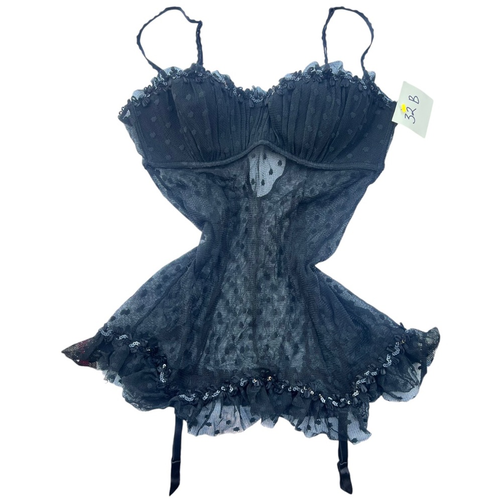 Y2K Vintage Sequined Polka Dot Mesh Lingerie Babydoll Bra Cami Top - Picture 1 of 4
